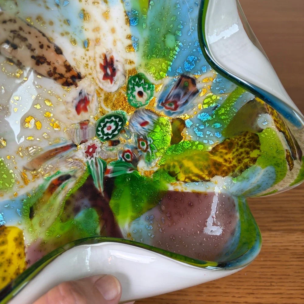 Vintage Murano Art Glass Bowl Gold Fleck Trifold White Green Tutti Fruitti